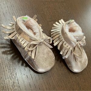 Rose Gold Shiny Fuzzy Baby Moccasins with Fringe